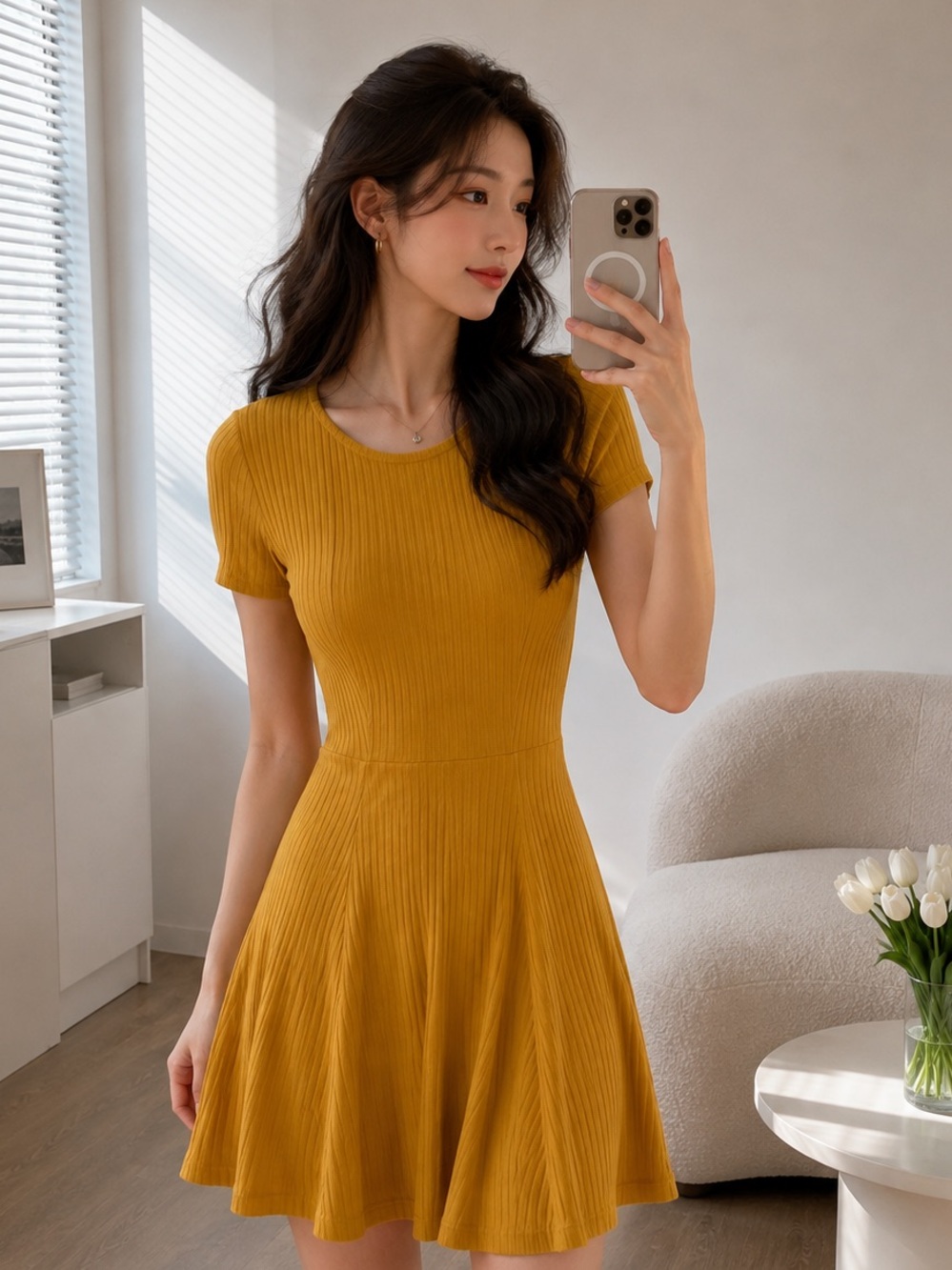 Forever 21 Mustard Ribbed Fit & Flare Skater Dress | Short Sleeve Keyhole Back